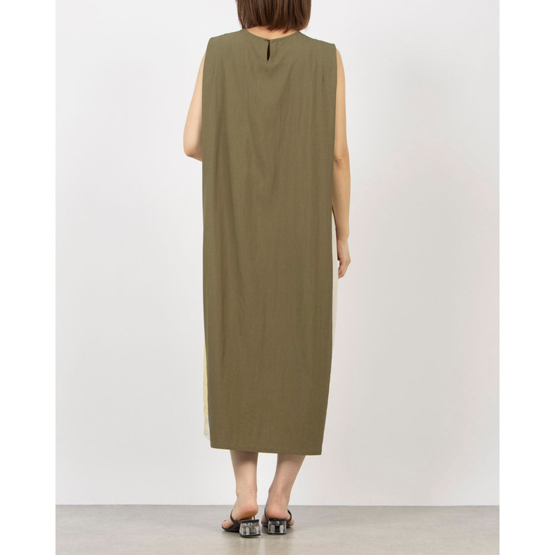 アンナニコラ Anna Nicola 配色ロングワンピース サイド切り替え 脇ラメテープ ノースリーブ (カーキ) カーキ