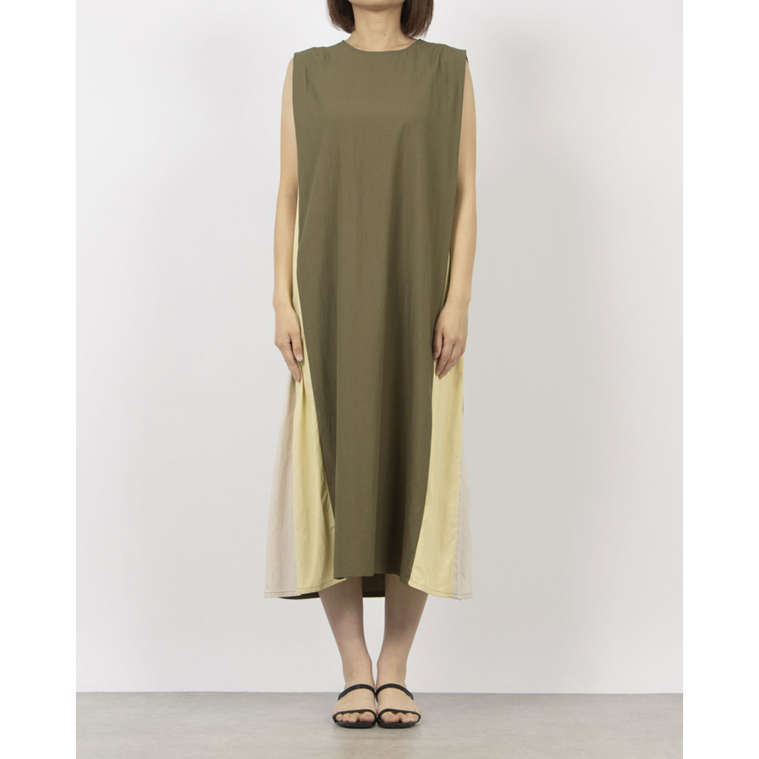 アンナニコラ Anna Nicola 配色ロングワンピース サイド切り替え 脇ラメテープ ノースリーブ (カーキ) カーキ