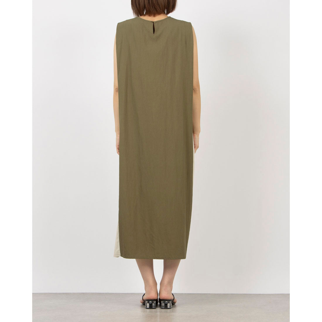 アンナニコラ Anna Nicola 配色ロングワンピース サイド切り替え 脇ラメテープ ノースリーブ (カーキ) カーキ