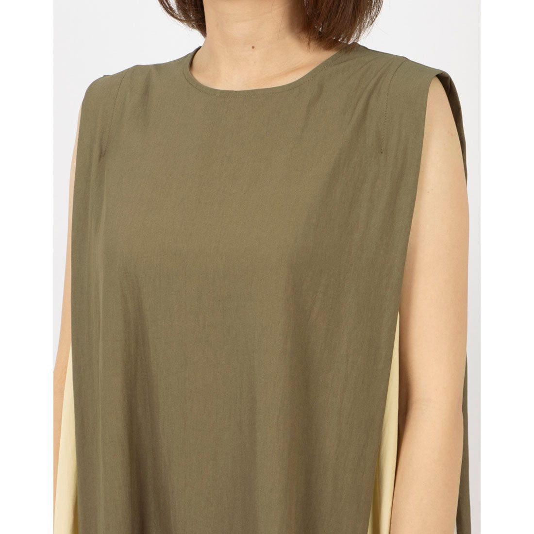 アンナニコラ Anna Nicola 配色ロングワンピース サイド切り替え 脇ラメテープ ノースリーブ (カーキ) カーキ