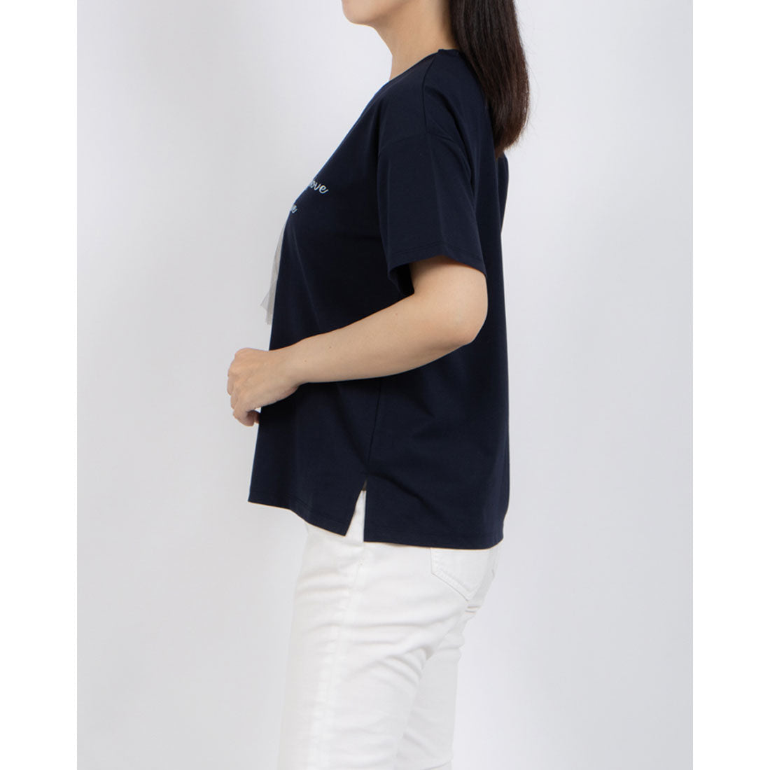 アンナニコラ Anna Nicola ガールデザイン半袖Tシャツ (ネイビー) ネイビー