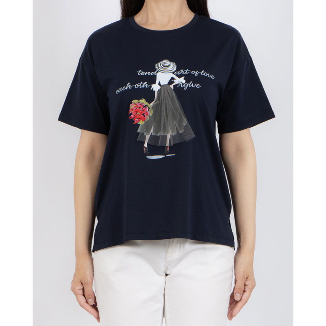 アンナニコラ Anna Nicola ガールデザイン半袖Tシャツ (ネイビー) ネイビー