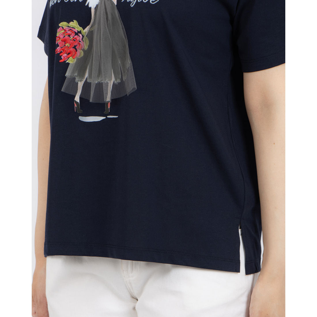 アンナニコラ Anna Nicola ガールデザイン半袖Tシャツ (ネイビー) ネイビー