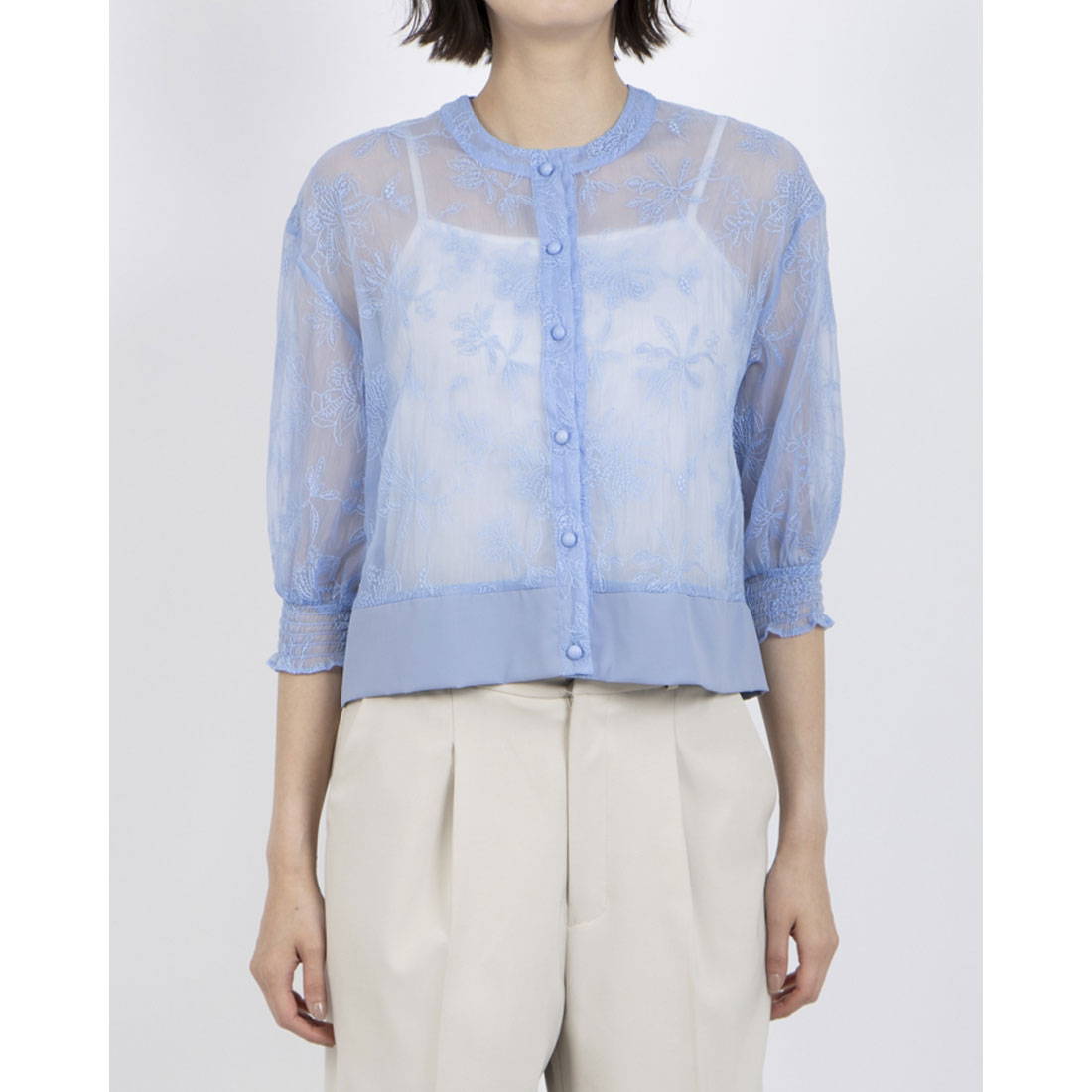 アンナニコラ Anna Nicola ボタニカル柄刺繍シアーブルゾン (ブルー) ブルー