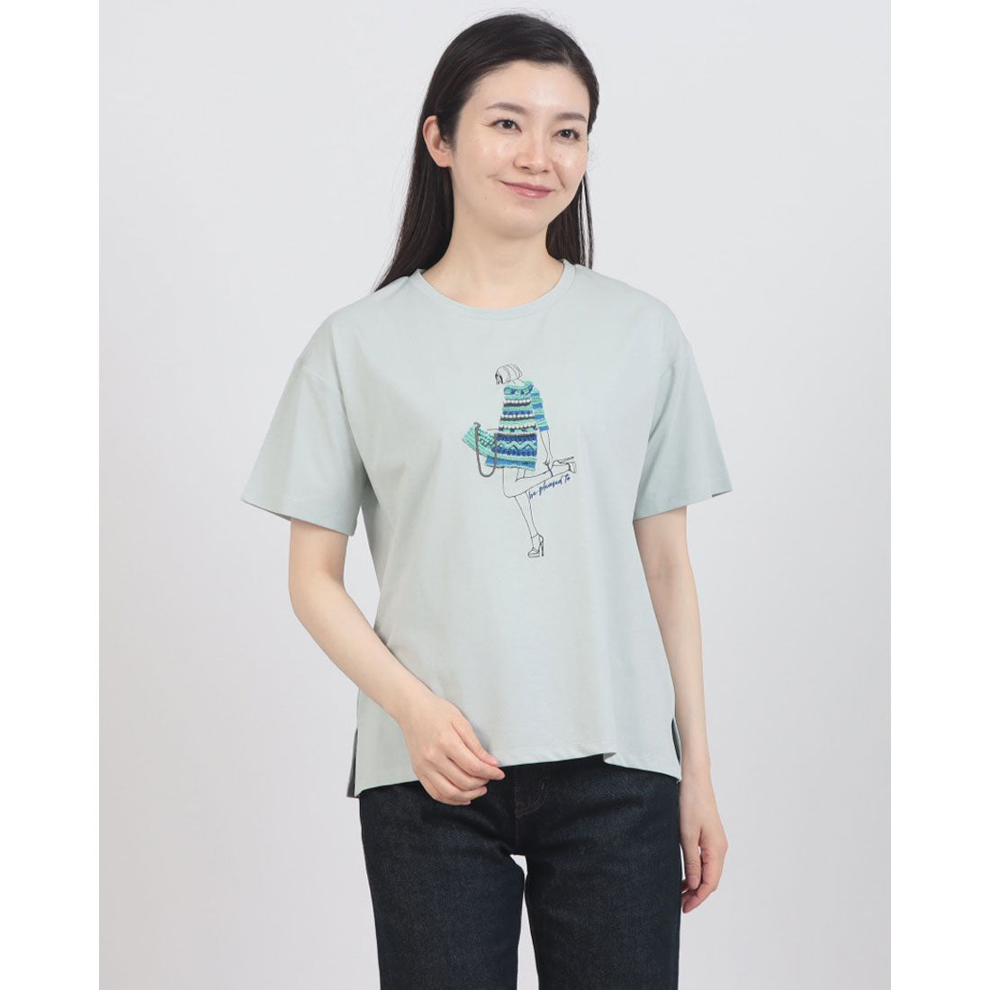 アンナニコラ Anna Nicola モデルモチーフ半袖Tシャツ (サックスブルー) サックスブルー