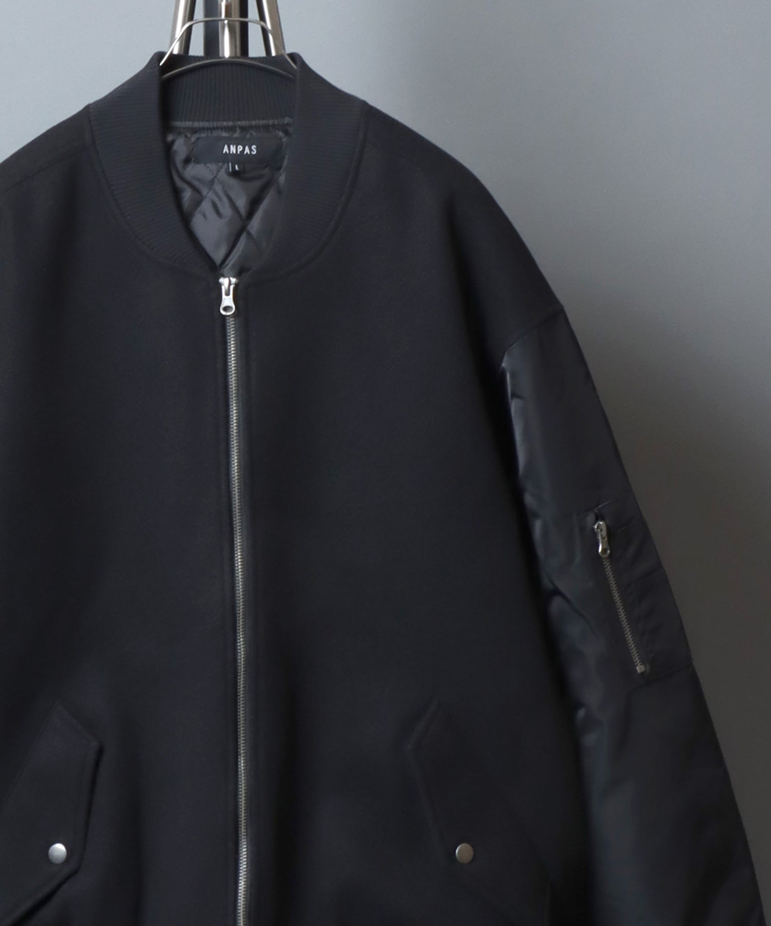 Sleeve Switching MA-1/ANPAS 別注 袖切り替え MA-1 ボマージャケット ボンバージャケット アウター メンズ レディース スタジャン ブルゾン ブラック系その他2(メルトン×袖ナイロン)