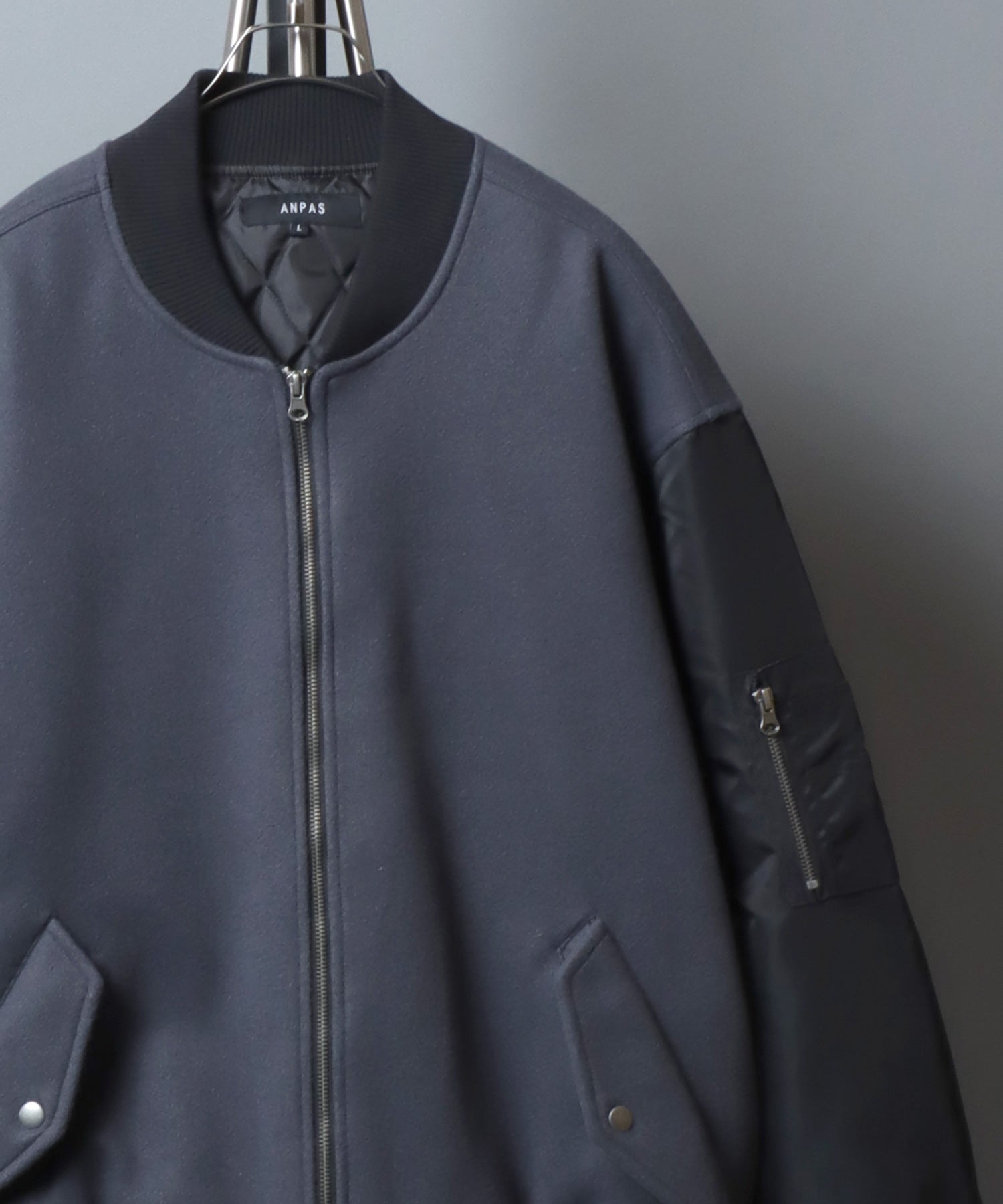 Sleeve Switching MA-1/ANPAS 別注 袖切り替え MA-1 ボマージャケット ボンバージャケット アウター メンズ レディース スタジャン ブルゾン グレー系その他2(メルトン×袖ナイロン)