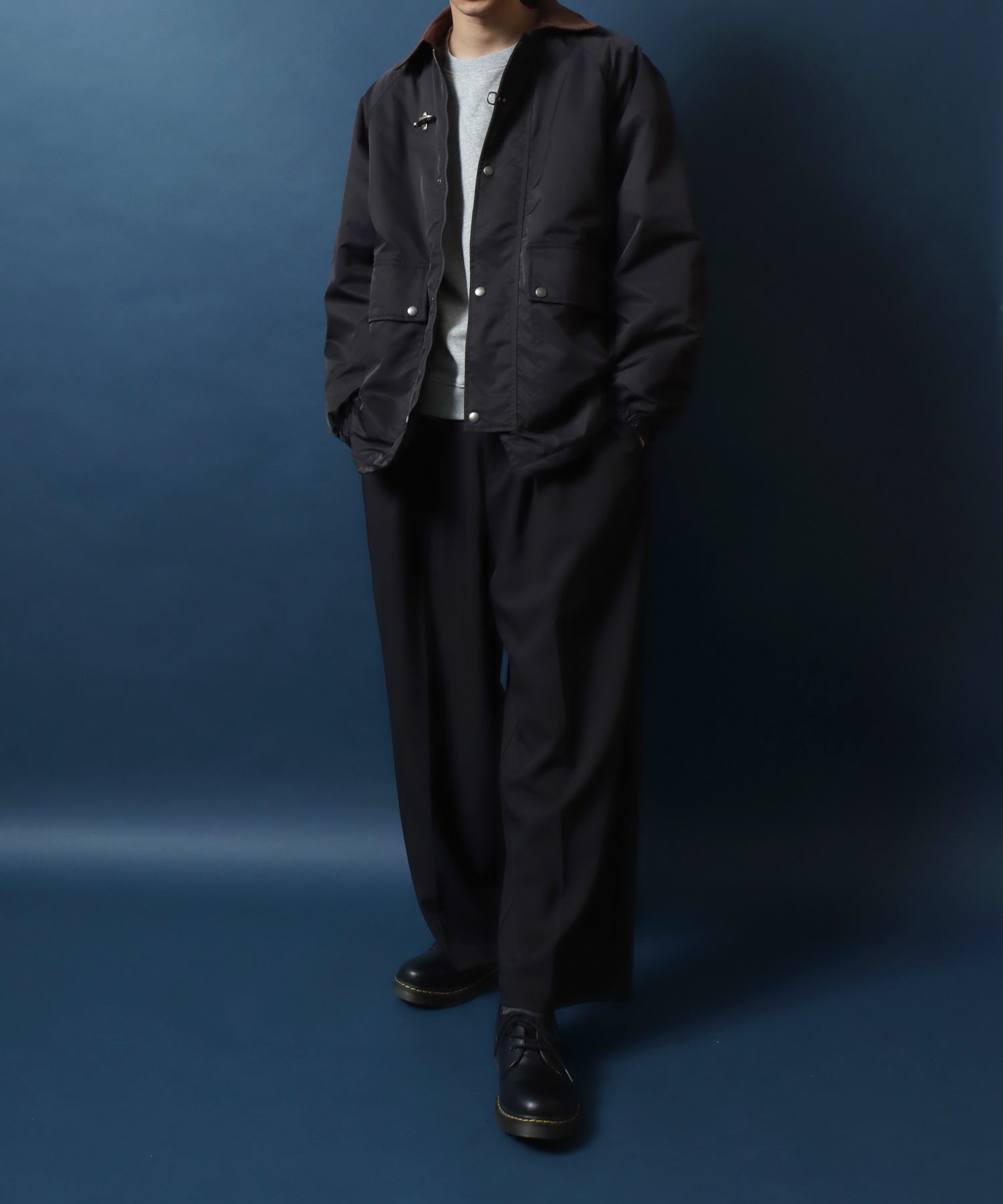 Corduroy Collar Fireman Buckle Hunting Jacket/ANPAS 別注 襟コーデュロイ ファイヤーマンバックル 薄中綿ハンティングジャケット ブルゾン ブラック