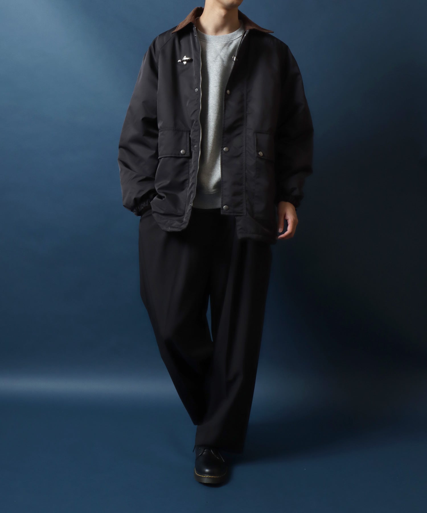 Corduroy Collar Fireman Buckle Hunting Jacket/ANPAS 別注 襟コーデュロイ ファイヤーマンバックル 薄中綿ハンティングジャケット ブルゾン ブラック