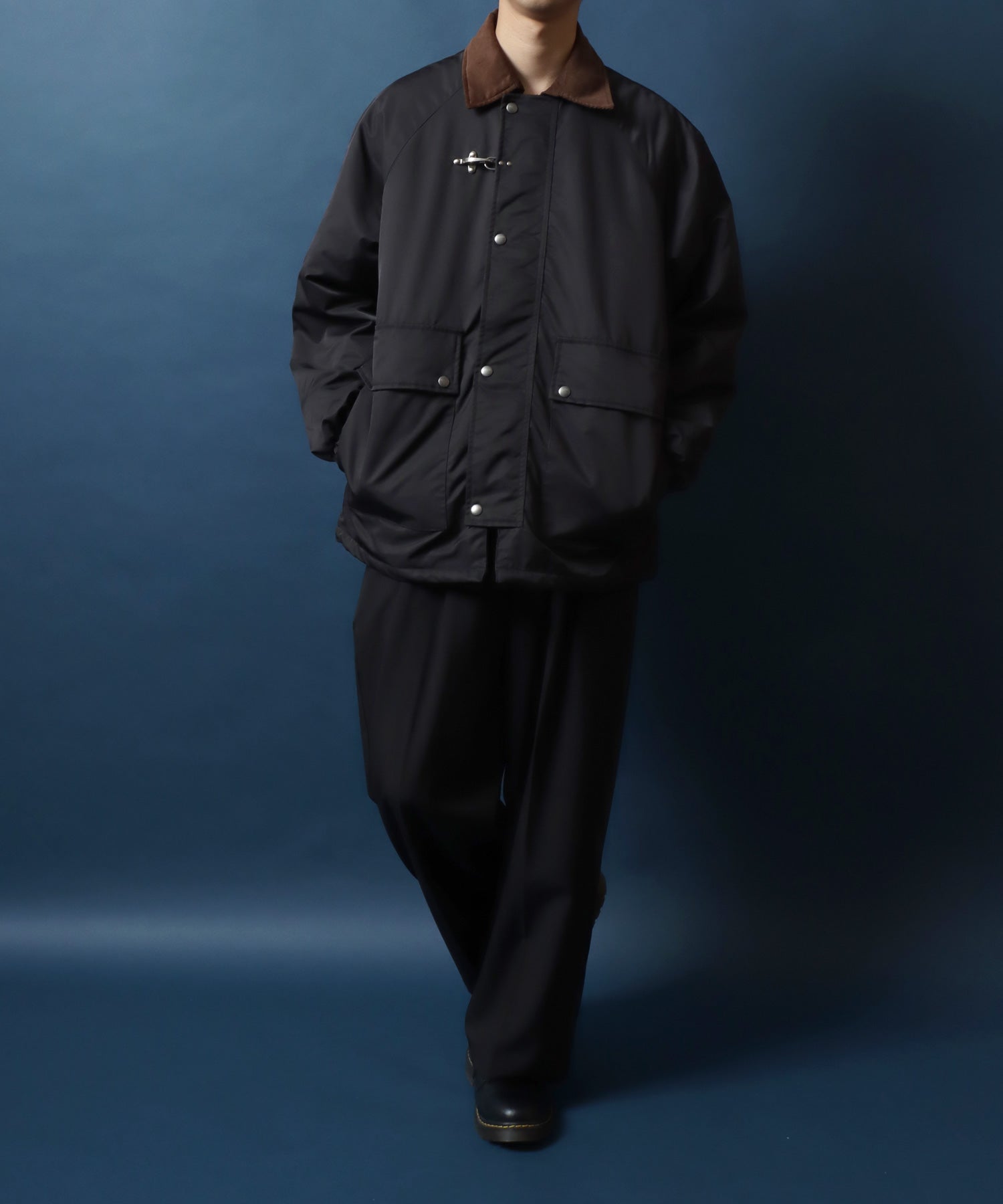 Corduroy Collar Fireman Buckle Hunting Jacket/ANPAS 別注 襟コーデュロイ ファイヤーマンバックル 薄中綿ハンティングジャケット ブルゾン ブラック