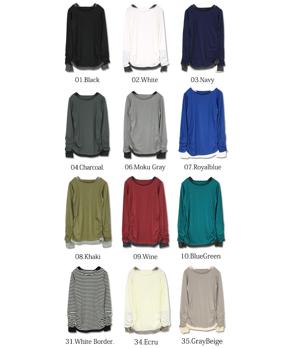 アンドイット and it_ フェイクレイヤードくしゅくしゅシャーリングカットソー カットソー 綿100% トップス 長袖 ロンT tシャツ ロング丈 レディース 無地 ロングtシャツ 長袖 (31ホワイトボーダー) 31ホワイトボーダー