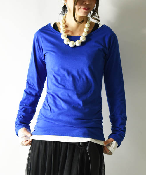 アンドイット and it_ フェイクレイヤードくしゅくしゅシャーリングカットソー カットソー 綿100% トップス 長袖 ロンT tシャツ ロング丈 レディース 無地 ロングtシャツ 長袖,07ロイヤルブルー