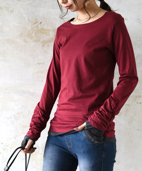 アンドイット and it_ フェイクレイヤードくしゅくしゅシャーリングカットソー カットソー 綿100% トップス 長袖 ロンT tシャツ ロング丈 レディース 無地 ロングtシャツ 長袖,09ワイン
