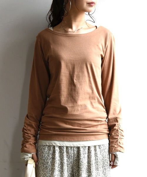 アンドイット and it_ フェイクレイヤードくしゅくしゅシャーリングカットソー カットソー 綿100% トップス 長袖 ロンT tシャツ ロング丈 レディース 無地 ロングtシャツ 長袖