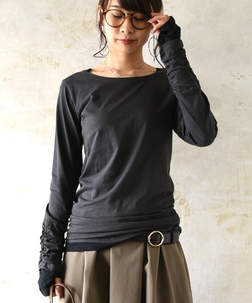 アンドイット and it_ フェイクレイヤードくしゅくしゅシャーリングカットソー カットソー 綿100% トップス 長袖 ロンT tシャツ ロング丈 レディース 無地 ロングtシャツ 長袖,04チャコール