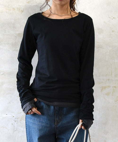 アンドイット and it_ フェイクレイヤードくしゅくしゅシャーリングカットソー カットソー 綿100% トップス 長袖 ロンT tシャツ ロング丈 レディース 無地 ロングtシャツ 長袖