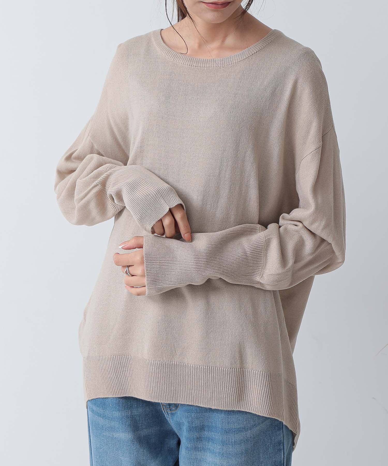 アンドイット and it_ ウォッシャブルロングリブドルマンニット ニット レディース 秋冬 トップス 長袖 洗えるニット ウォッシャブルニット 袖リブ クルーネック ゆったり 楽ちん ラ,ベージュ