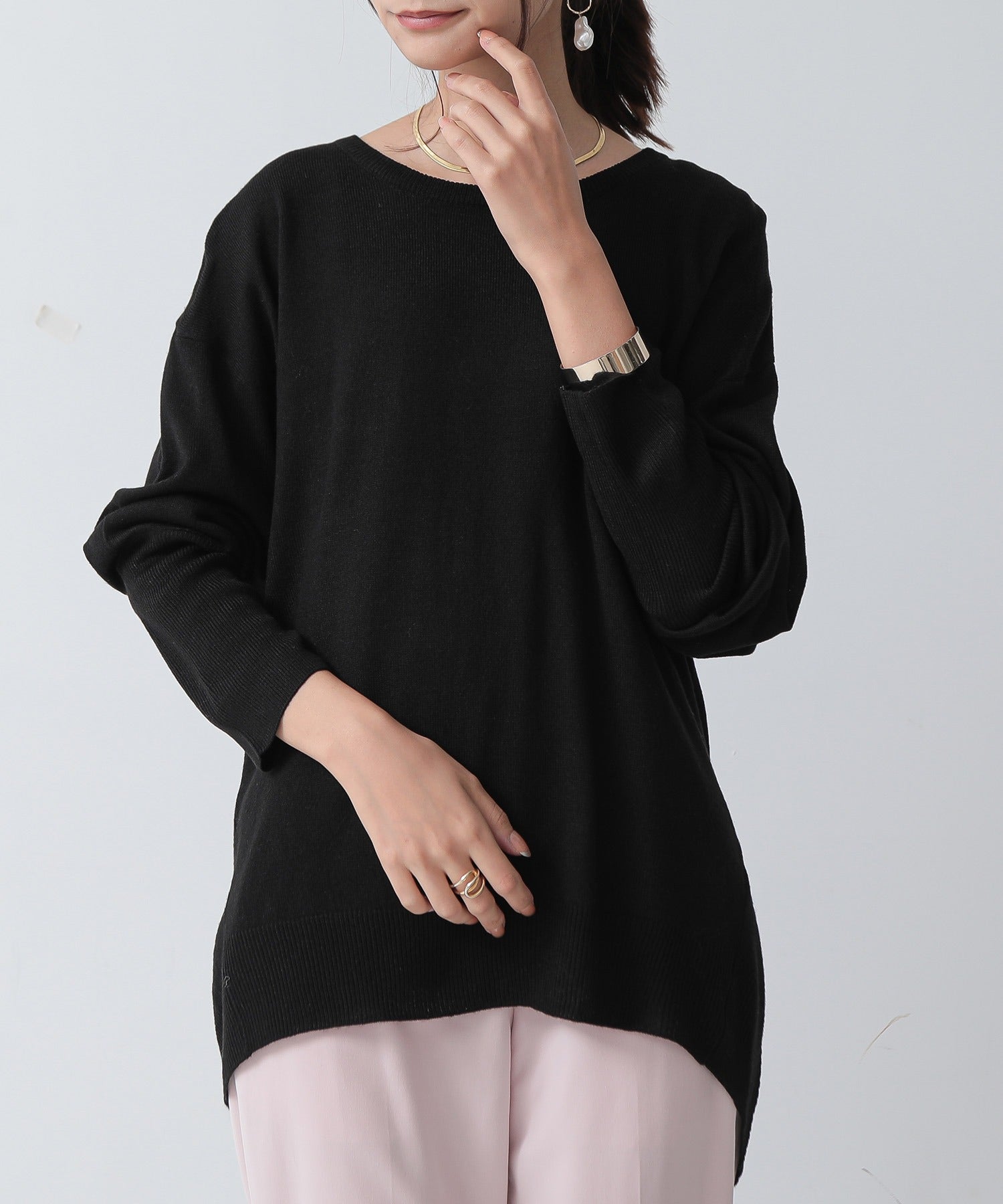 アンドイット and it_ ウォッシャブルロングリブドルマンニット ニット レディース 秋冬 トップス 長袖 洗えるニット ウォッシャブルニット 袖リブ クルーネック ゆったり 楽ちん ラ,ブラック