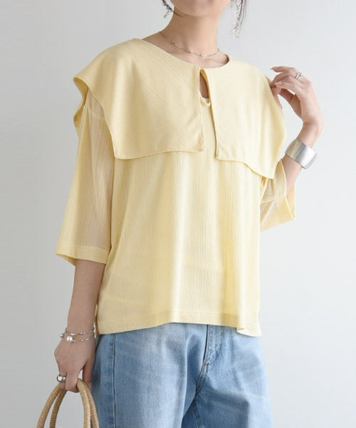 アンドイット and it_ 2WAY楊柳ビッグカラーブラウス ブラウス レディース おしゃれ シャツ シワになりにくい とろみ 春夏 ビッグカラー 七分袖 襟 かわいい 襟付き 光沢 きれ,バニラ