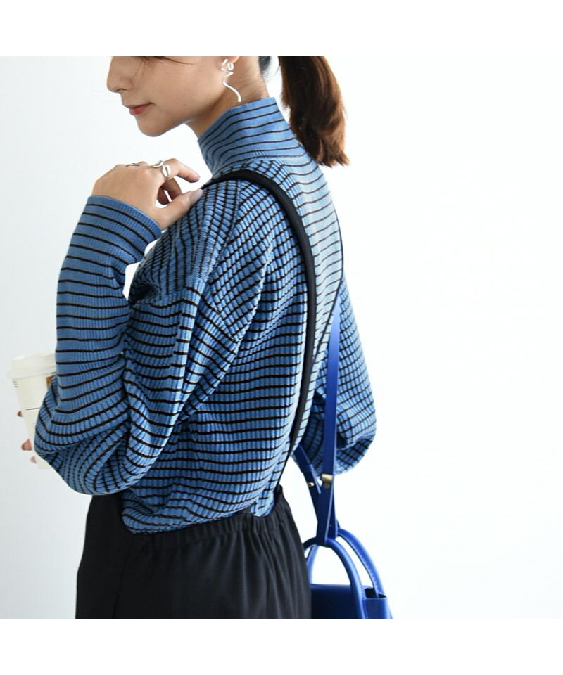 アンドイット and it_ バルーン袖タートルボーダーリブニット ニット レディース リブ ボーダー タートルネック バルーン袖 生地 ボリューム袖 アクリル 細ボーダー 長袖 薄い 薄手