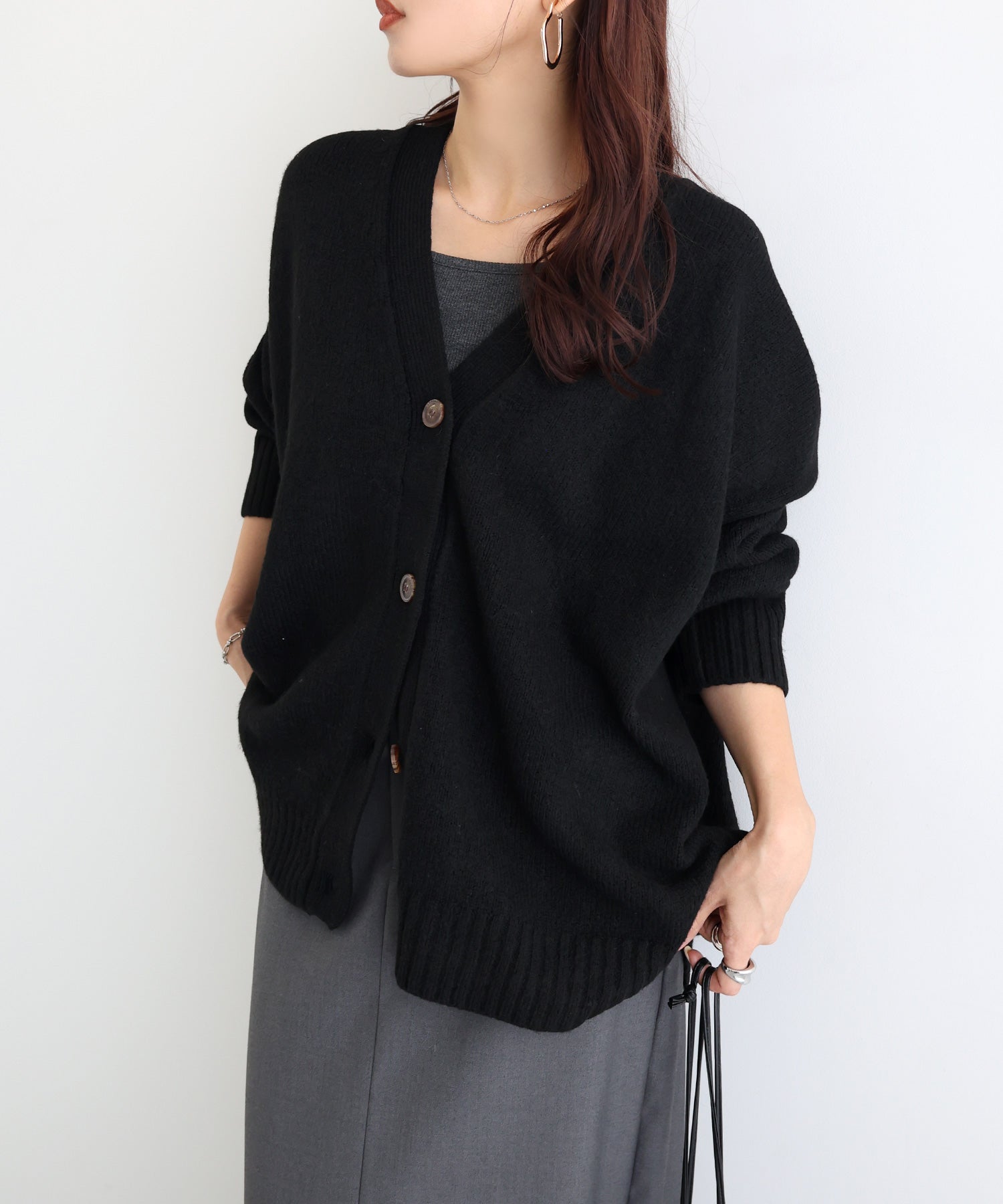 アンドミー andme 天竺編み長袖ニットカーディガン (ブラック) ブラック