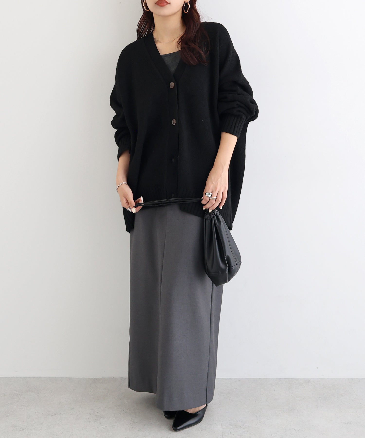 アンドミー andme 天竺編み長袖ニットカーディガン (ブラック) ブラック