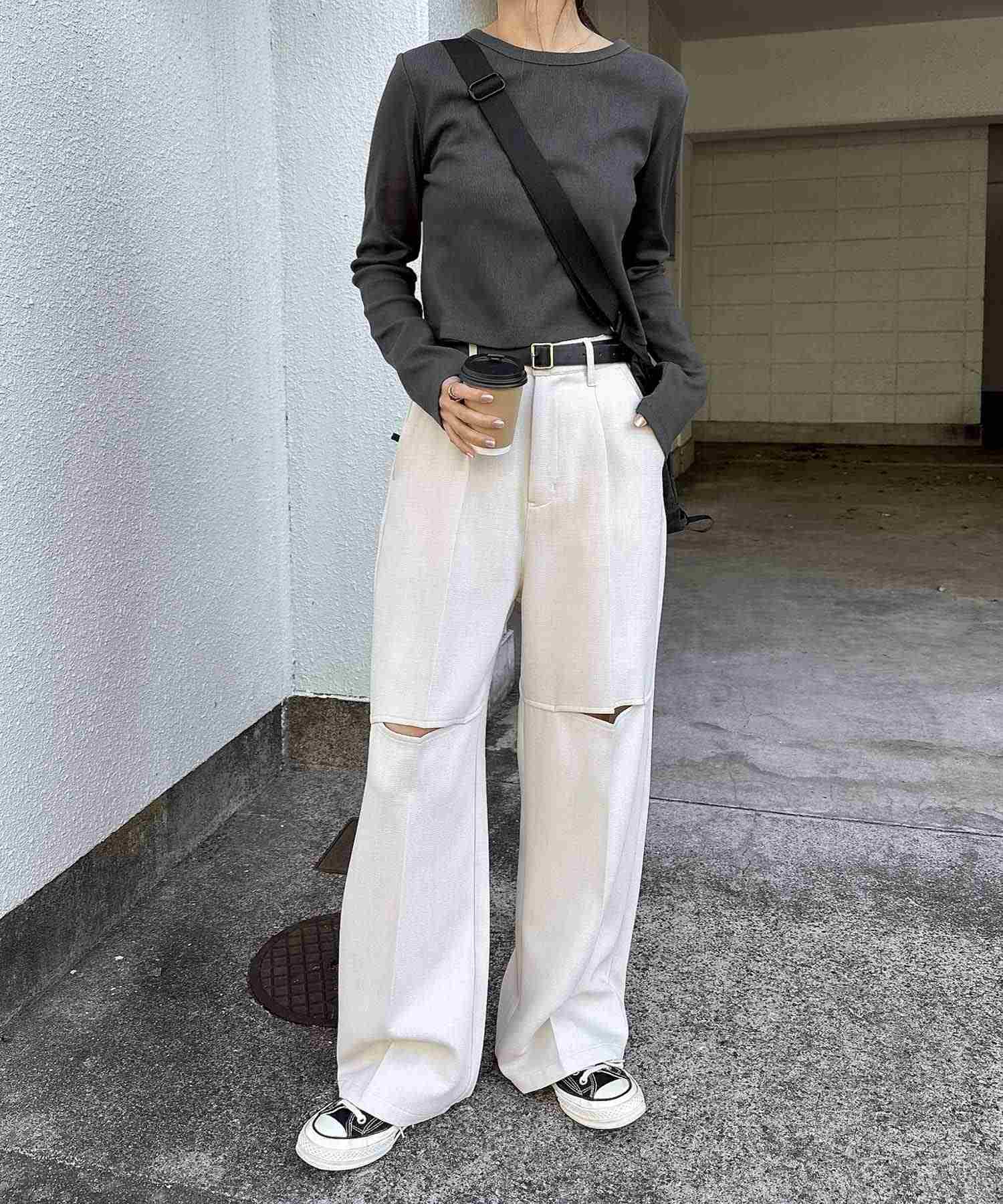 アンドミー andme テレコリブ ショート丈 クルーネック トップス