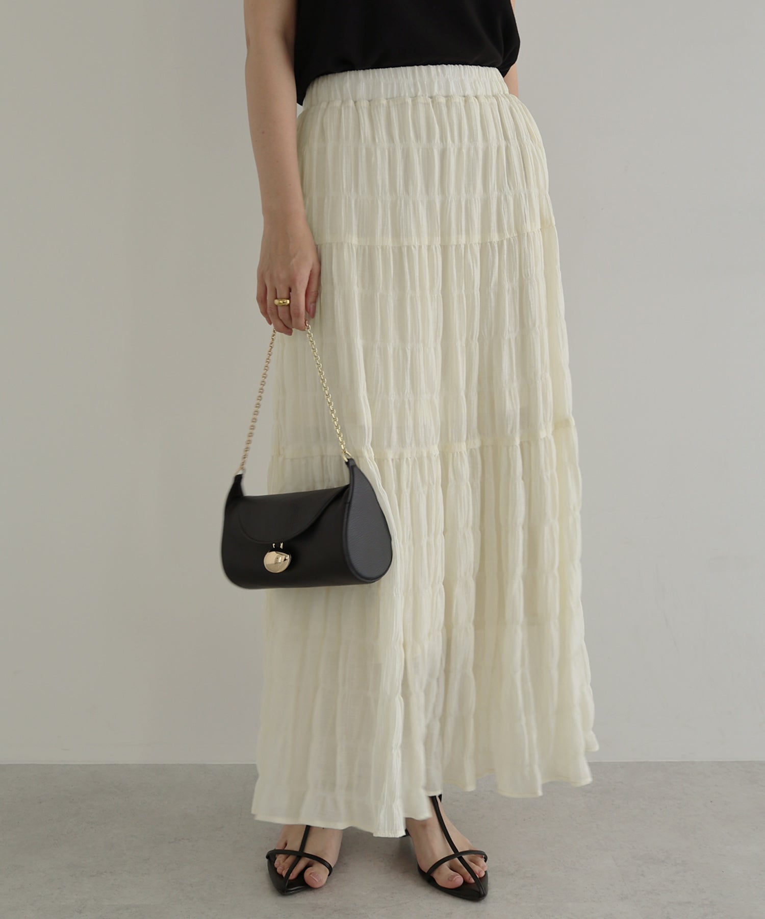 アンドミー andme 楊柳 ティアード ロング スカート (アイボリー) アイボリー