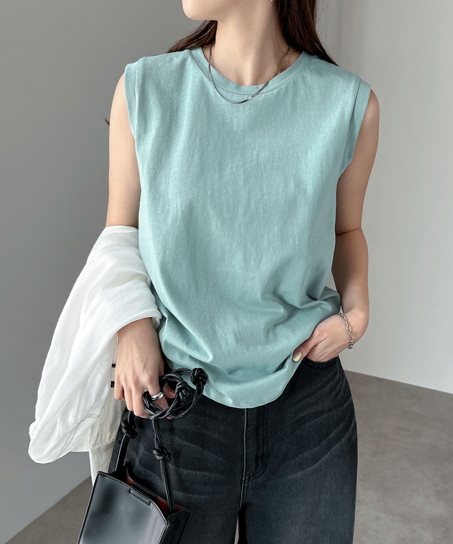 アンドミー andme コットン天竺ノースリーブトップス (ライトグリーン) ライトグリーン