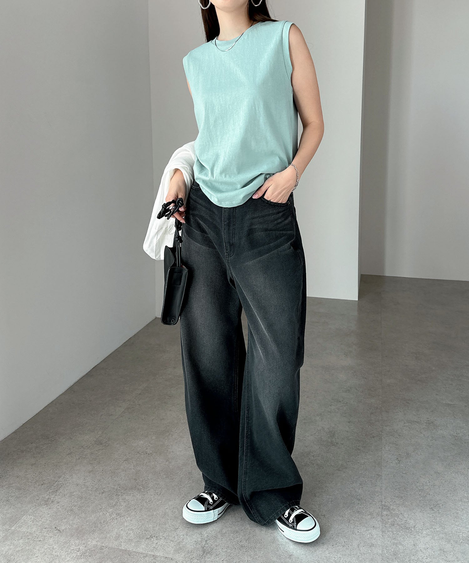 アンドミー andme コットン天竺ノースリーブトップス (ライトグリーン) ライトグリーン