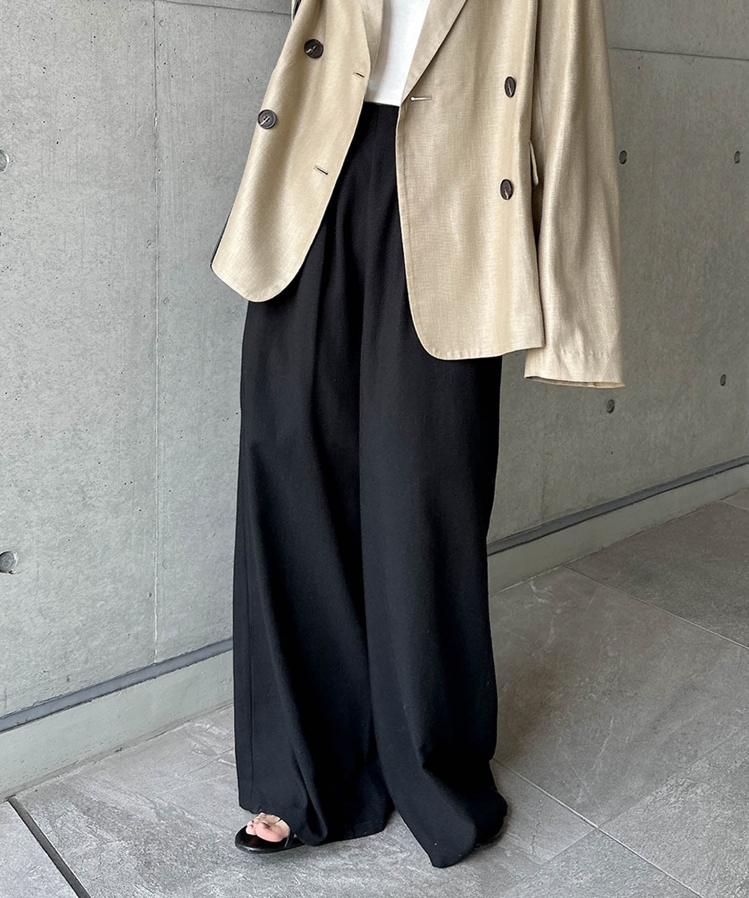 アンドミー andme リネンライク イージー ワイド パンツ (ブラック) ブラック