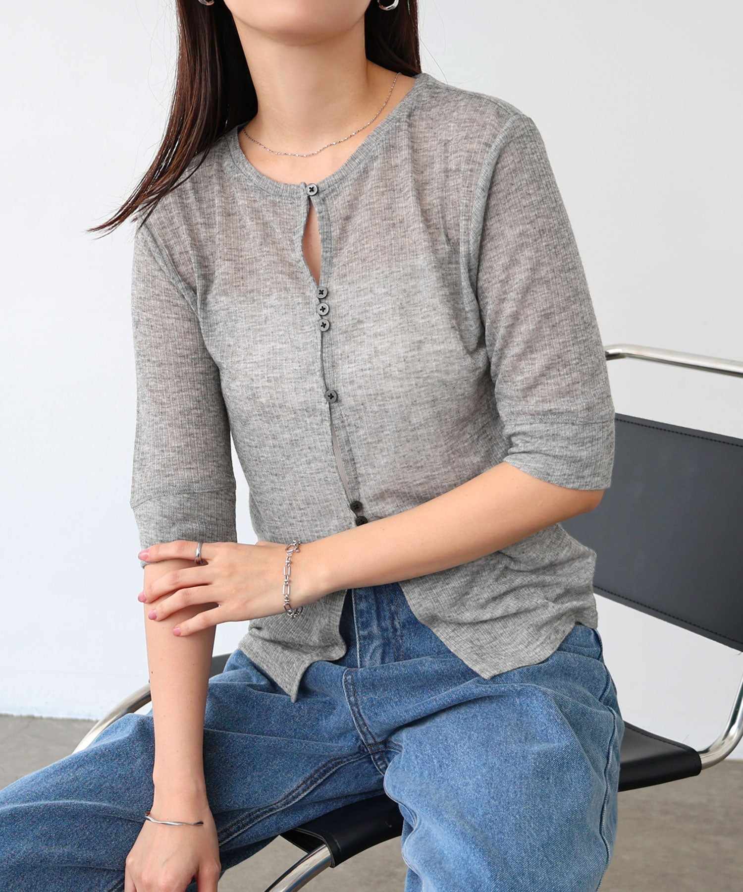 アンドミー andme テレコリブ シアー 半袖 トップス (杢グレー) 杢グレー