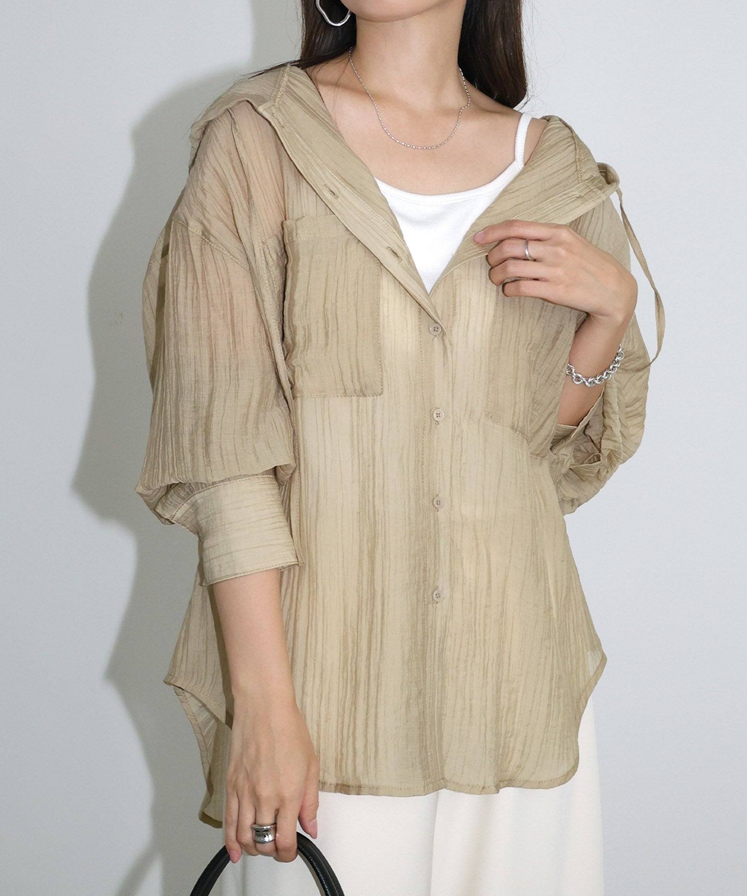 アンドミー andme オーバーサイズ 長袖 フーディ シアー シャツ ブラウス (ベージュ) ベージュ