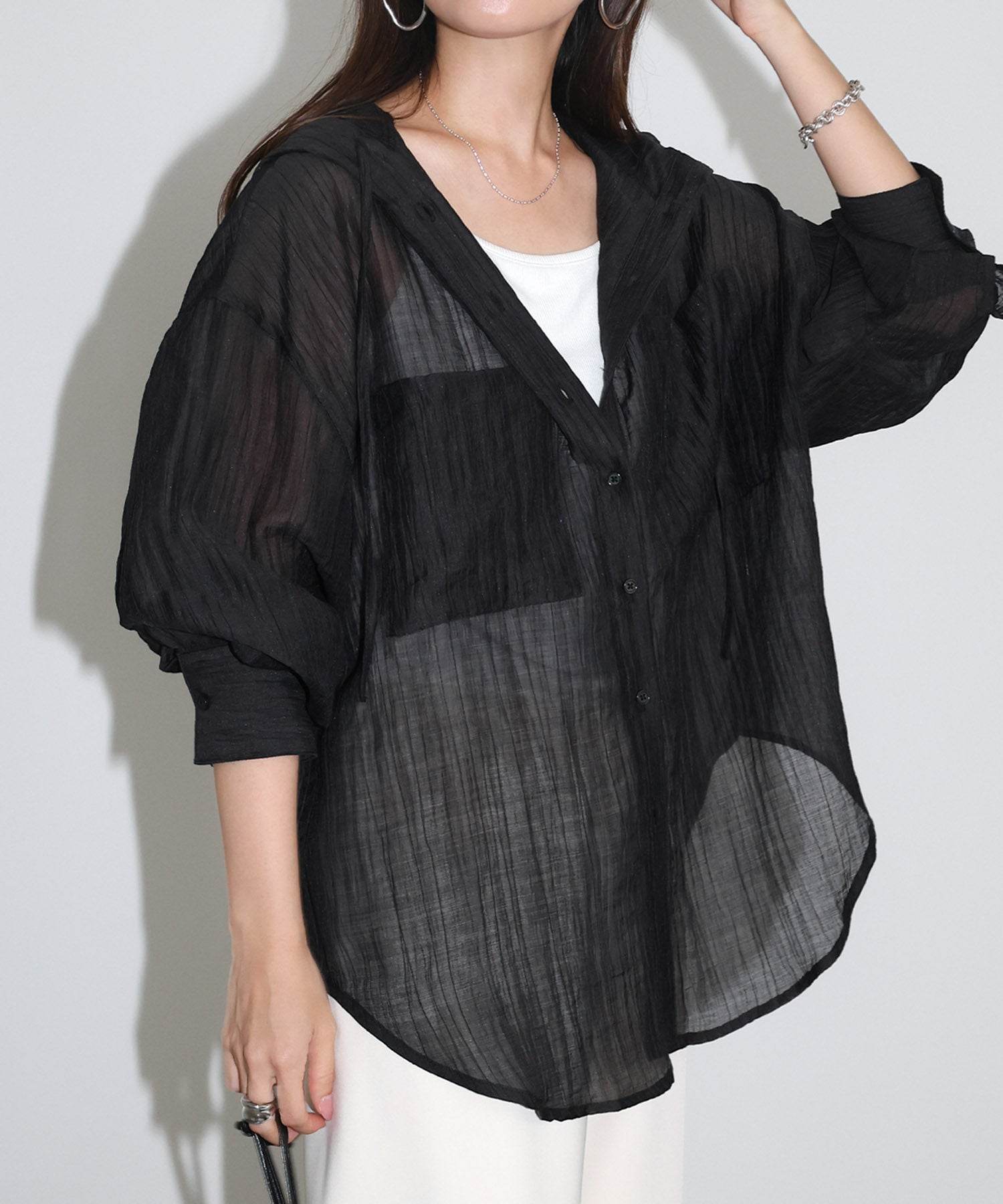 アンドミー andme オーバーサイズ 長袖 フーディ シアー シャツ ブラウス (ブラック) ブラック