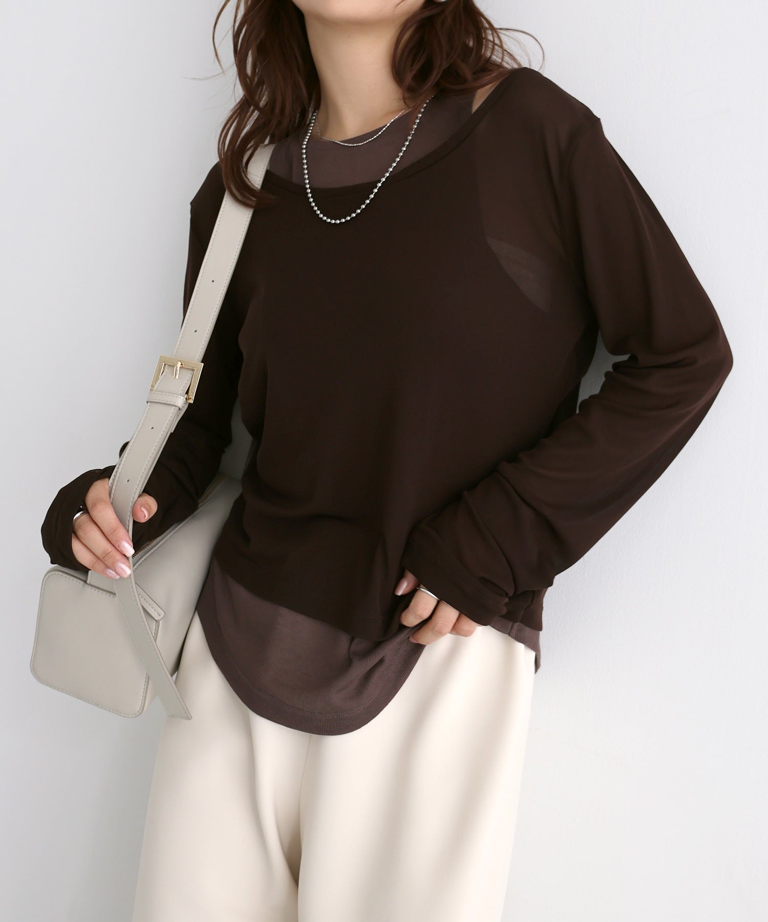 アンドミー andme シアー タンク レイヤード 長袖 トップス (ブラウン) ブラウン