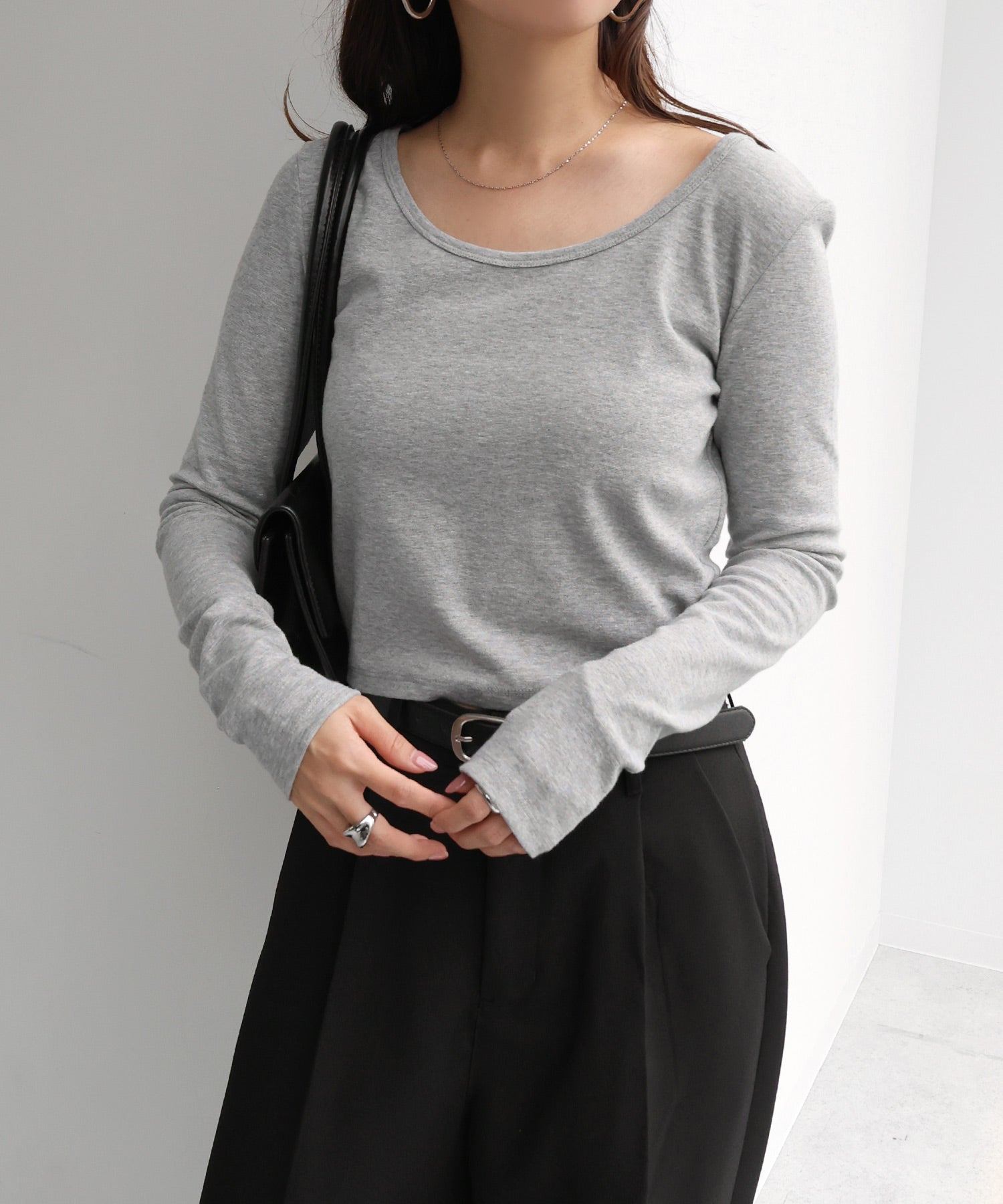 アンドミー andme ショート丈 2way 長袖 Tシャツ (杢グレー) 杢グレー