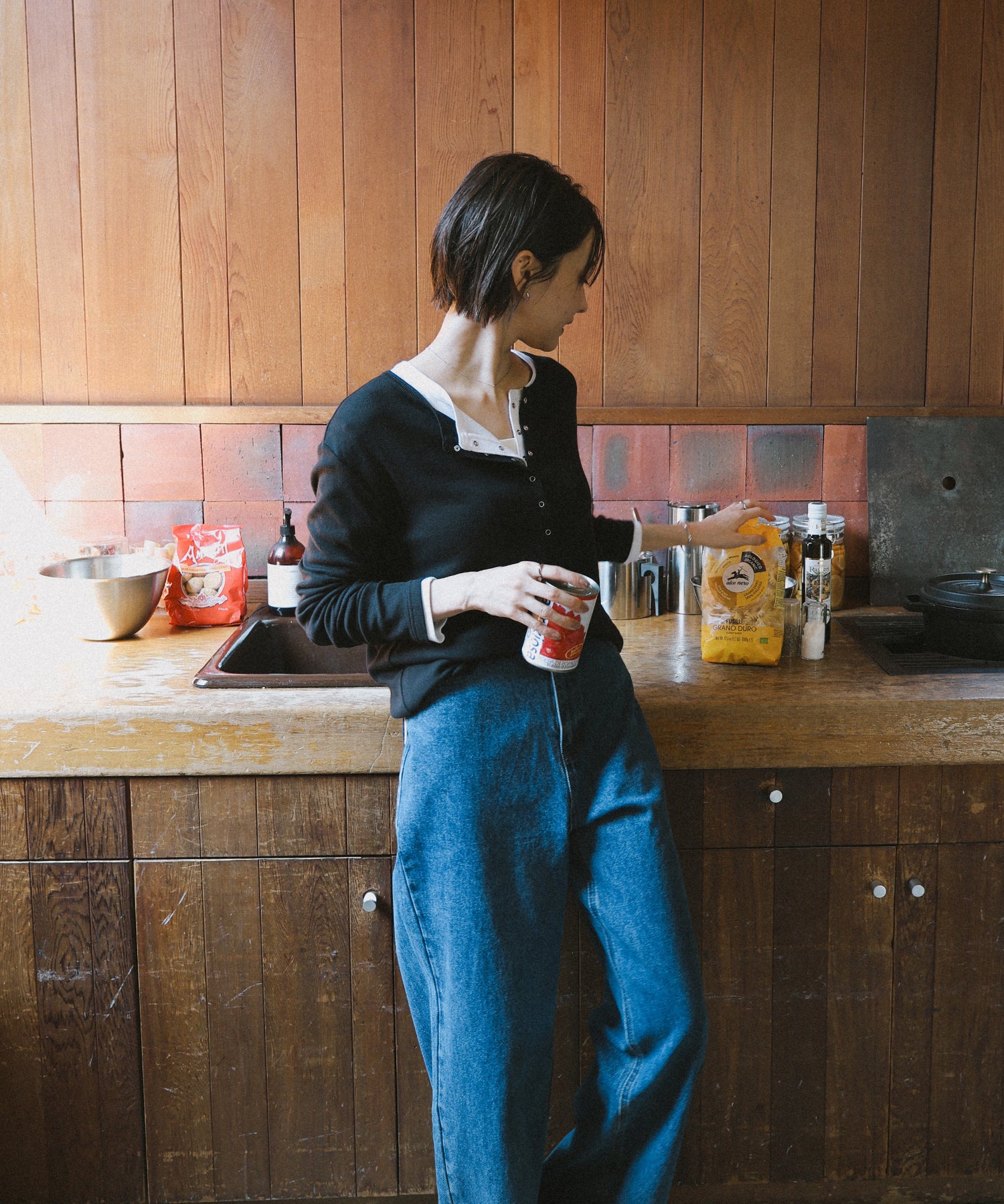 アンドミー andme テレコリブ ヘンリーネック 長袖 Tシャツ (ブラック) ブラック