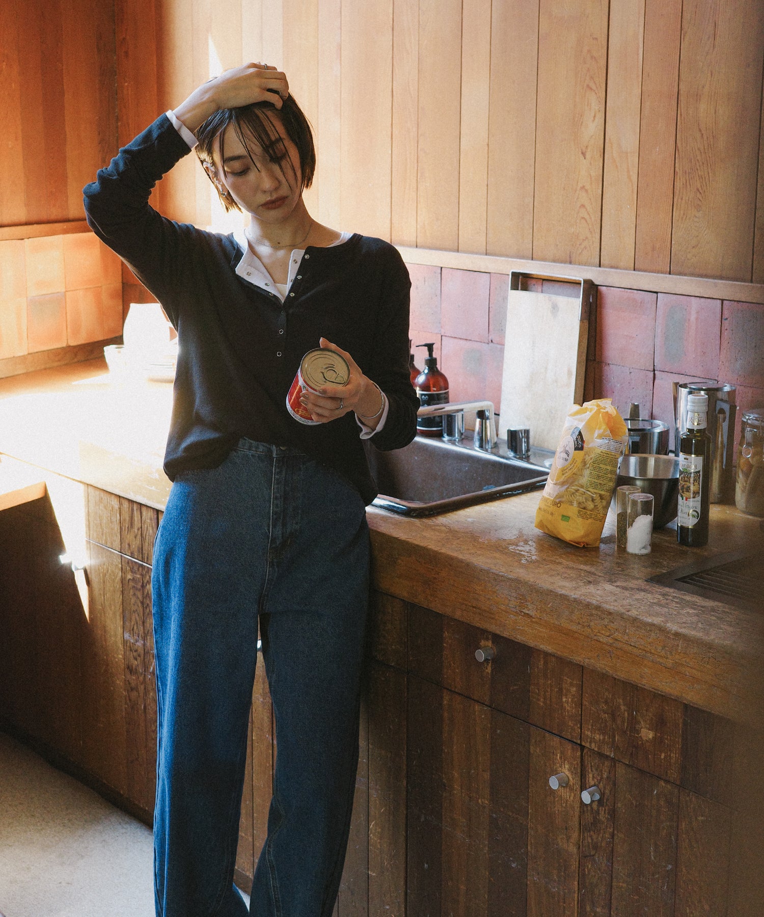 アンドミー andme テレコリブ ヘンリーネック 長袖 Tシャツ (ブラック) ブラック