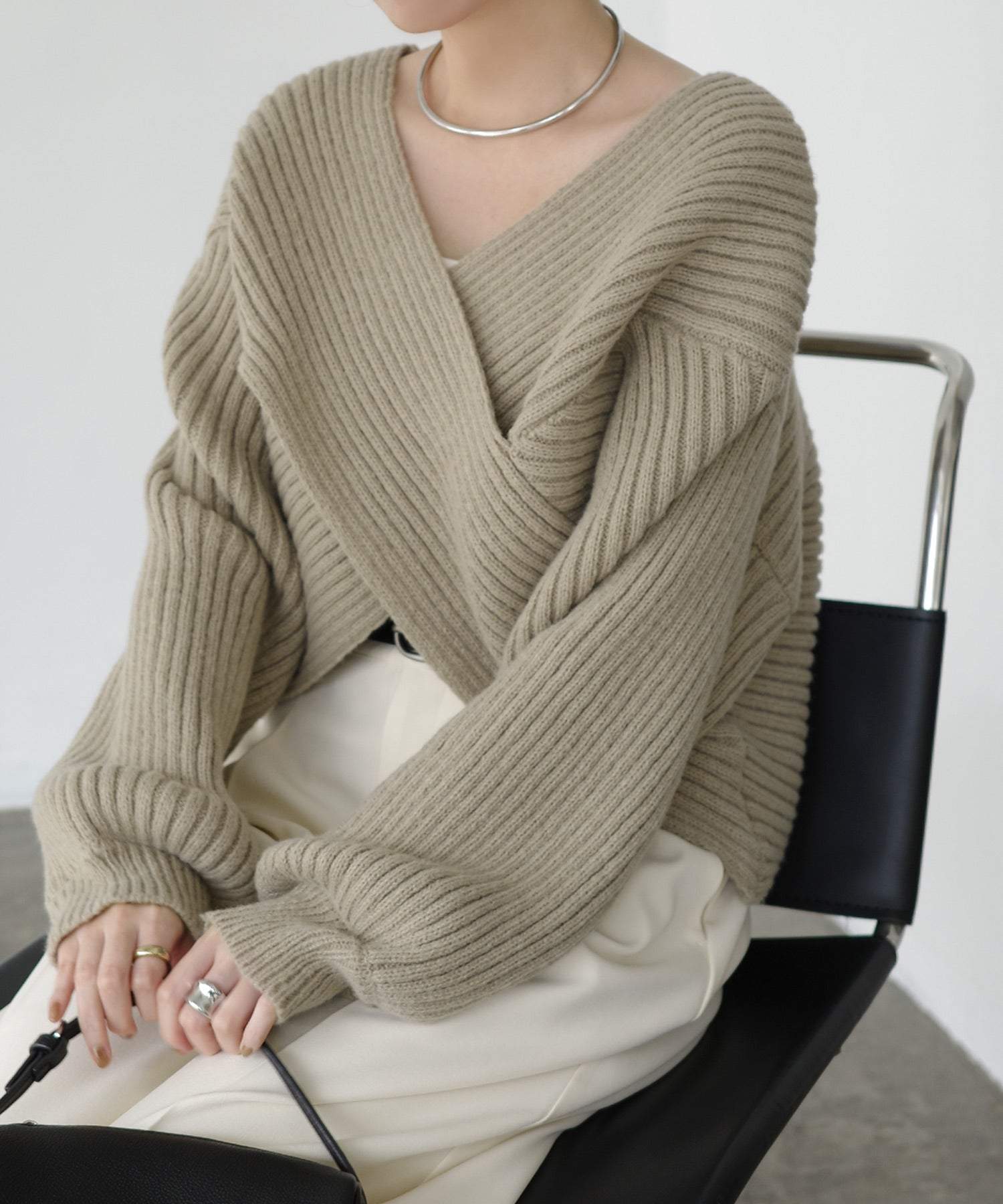 アンドミー andme クロスデザイン 2way リブ ニット トップス (グレージュ) グレージュ