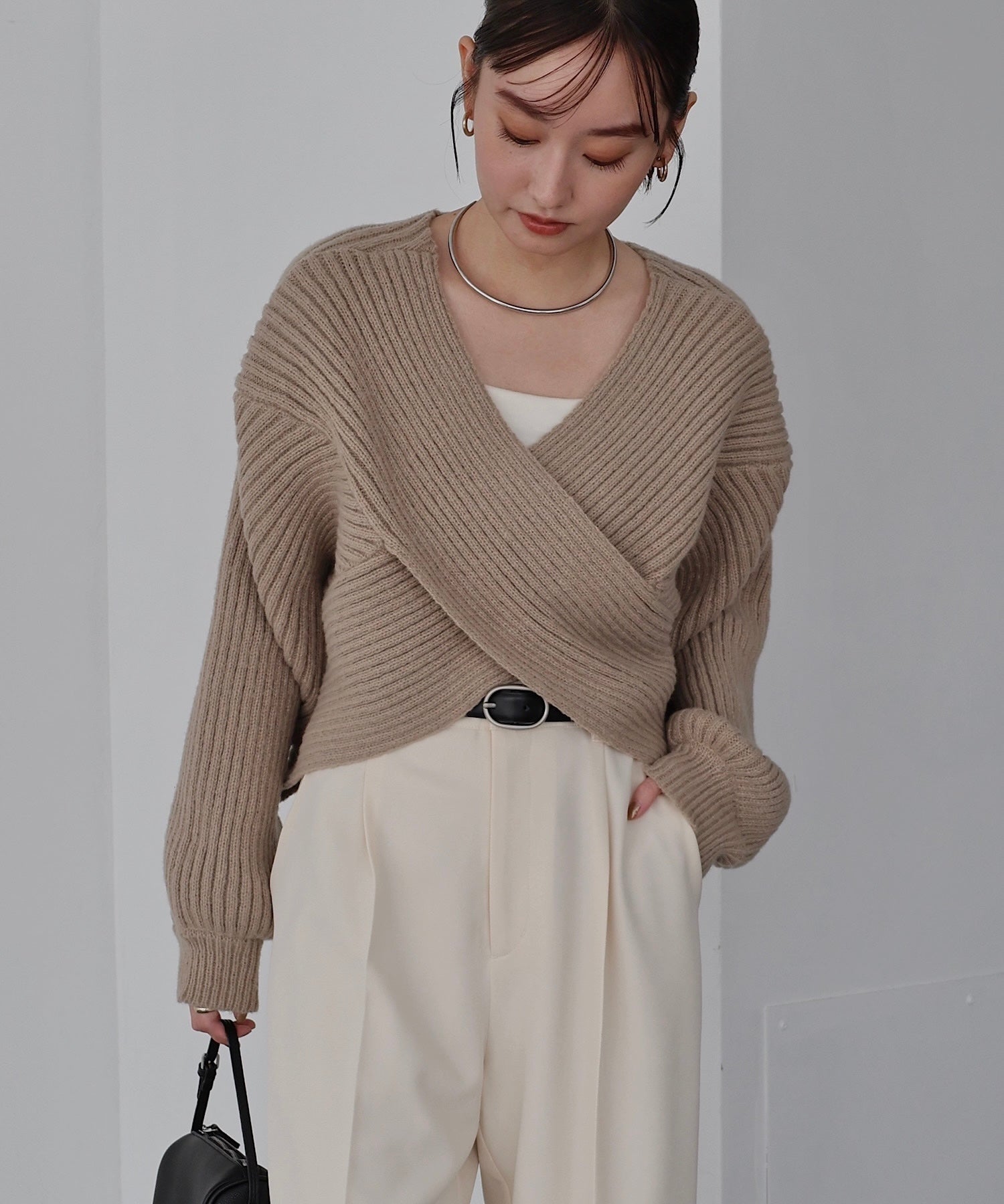 アンドミー andme クロスデザイン 2way リブ ニット トップス (グレージュ) グレージュ