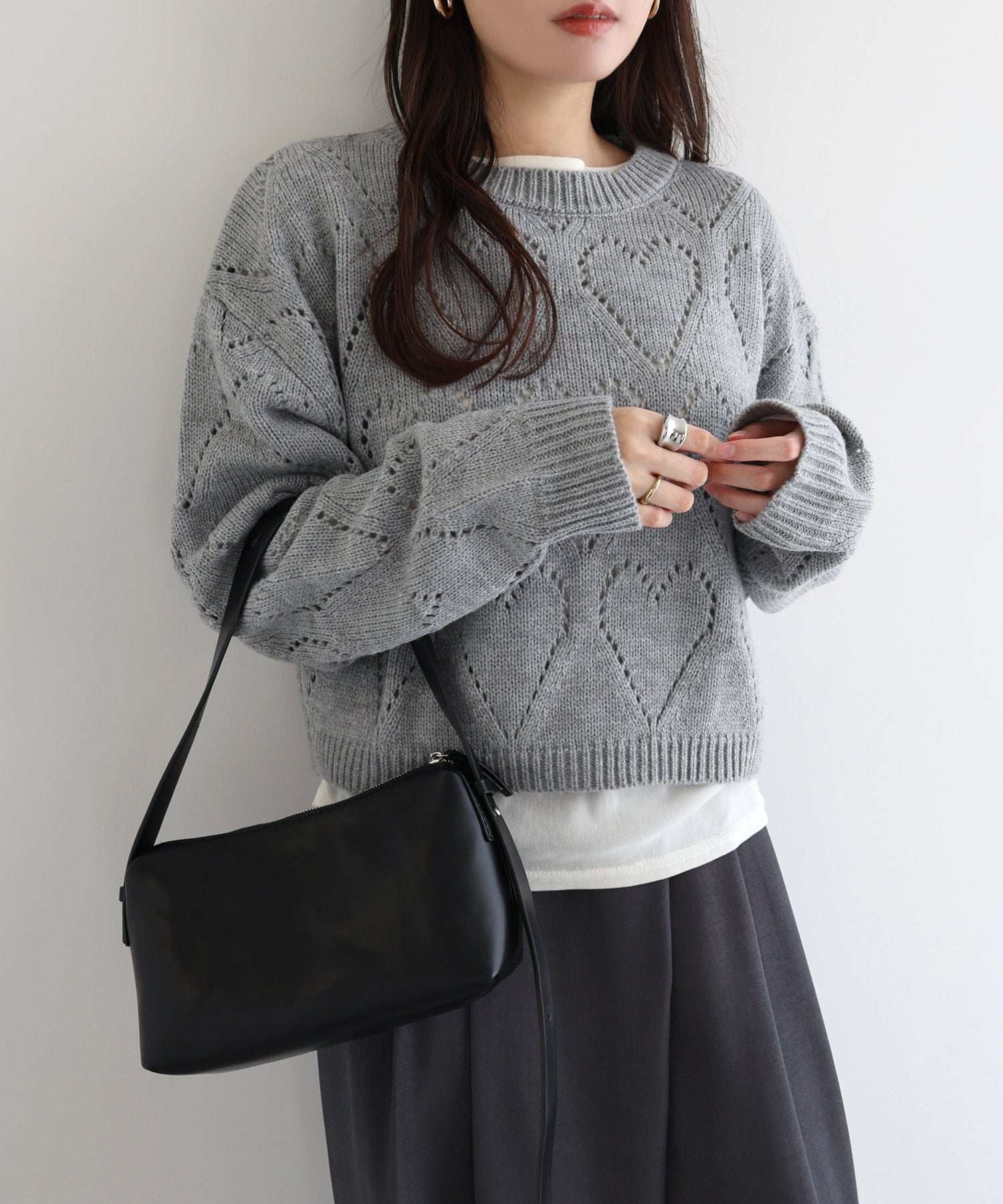 アンドミー andme ショート丈 ハート アイレット ニット トップス (杢グレー) 杢グレー