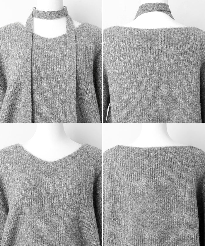 アンドミー andme 同色 マフラー付き ニット トップス (ブラック) ブラック