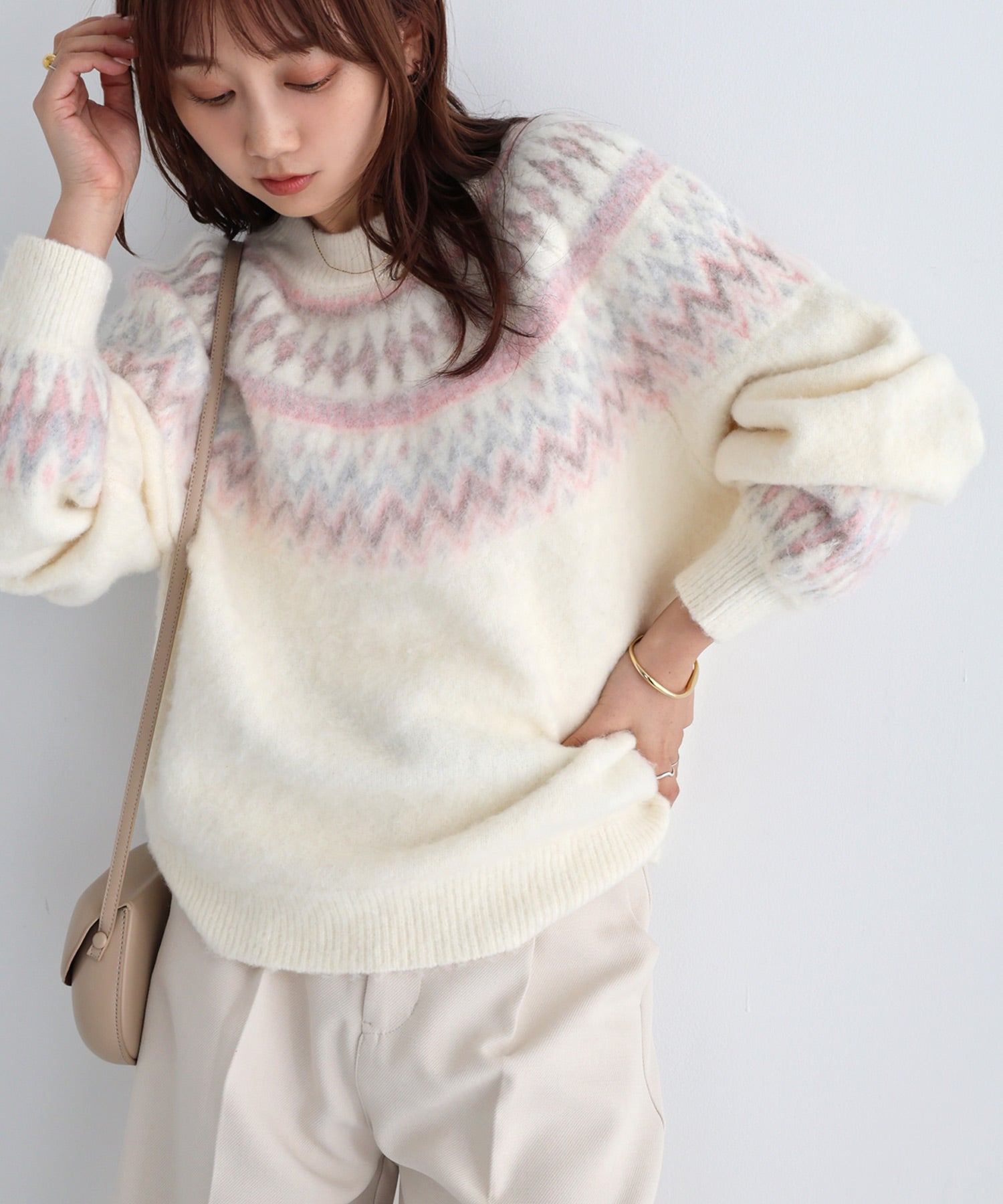 アンドミー andme ノルディック柄 長袖 ニット トップス (オフホワイト) オフホワイト