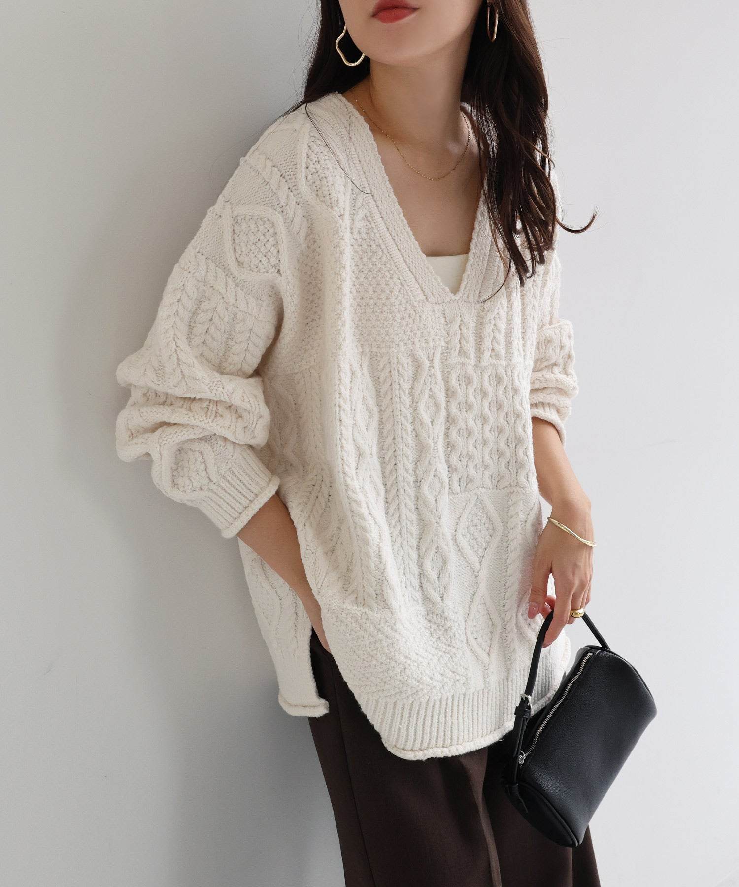 アンドミー andme ケーブル編み オーバーサイズ ニット トップス (オフホワイト) オフホワイト