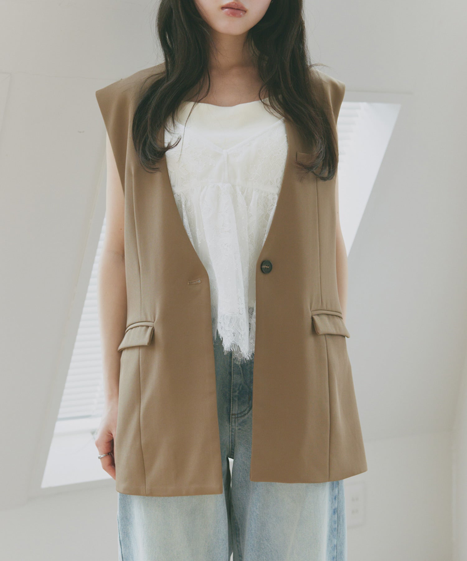 アンドミー andme ノーカラー ツイル ジャケット ベスト Freesia フリージア (モカブラウン) モカブラウン