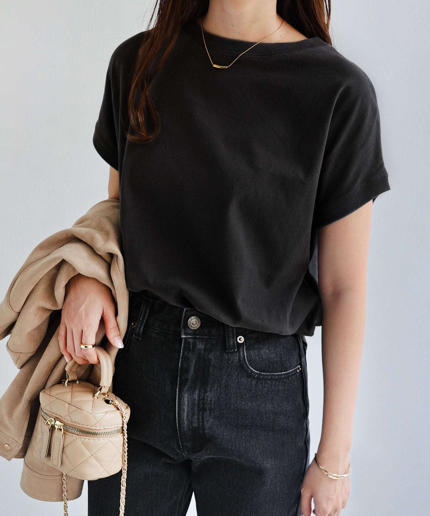 アンドミー andme USAコットン汗染み防止フレンチスリーブTシャツ (ブラック) ブラック