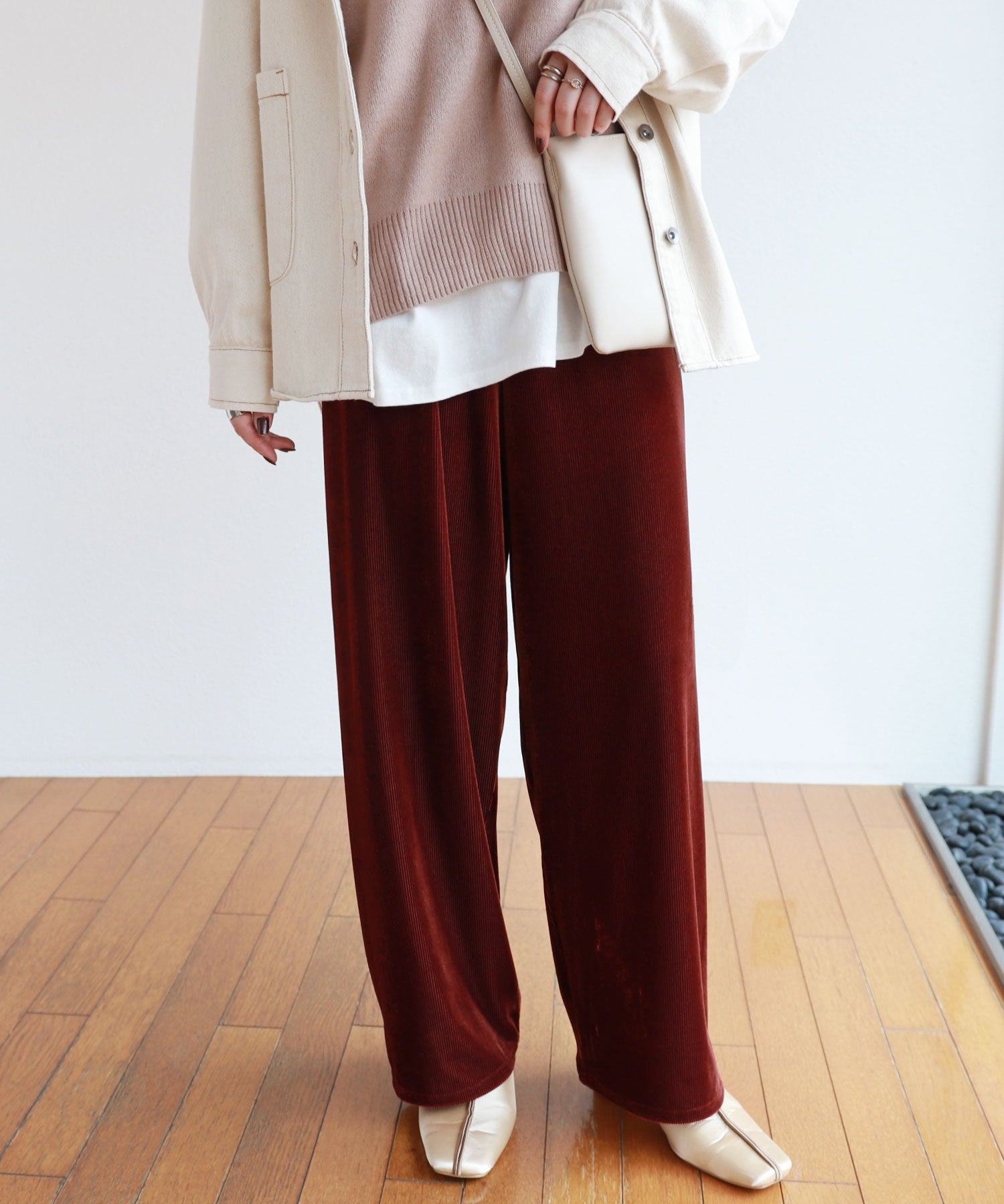 アンドミー andme カットベロアワイドパンツ ウエストゴム