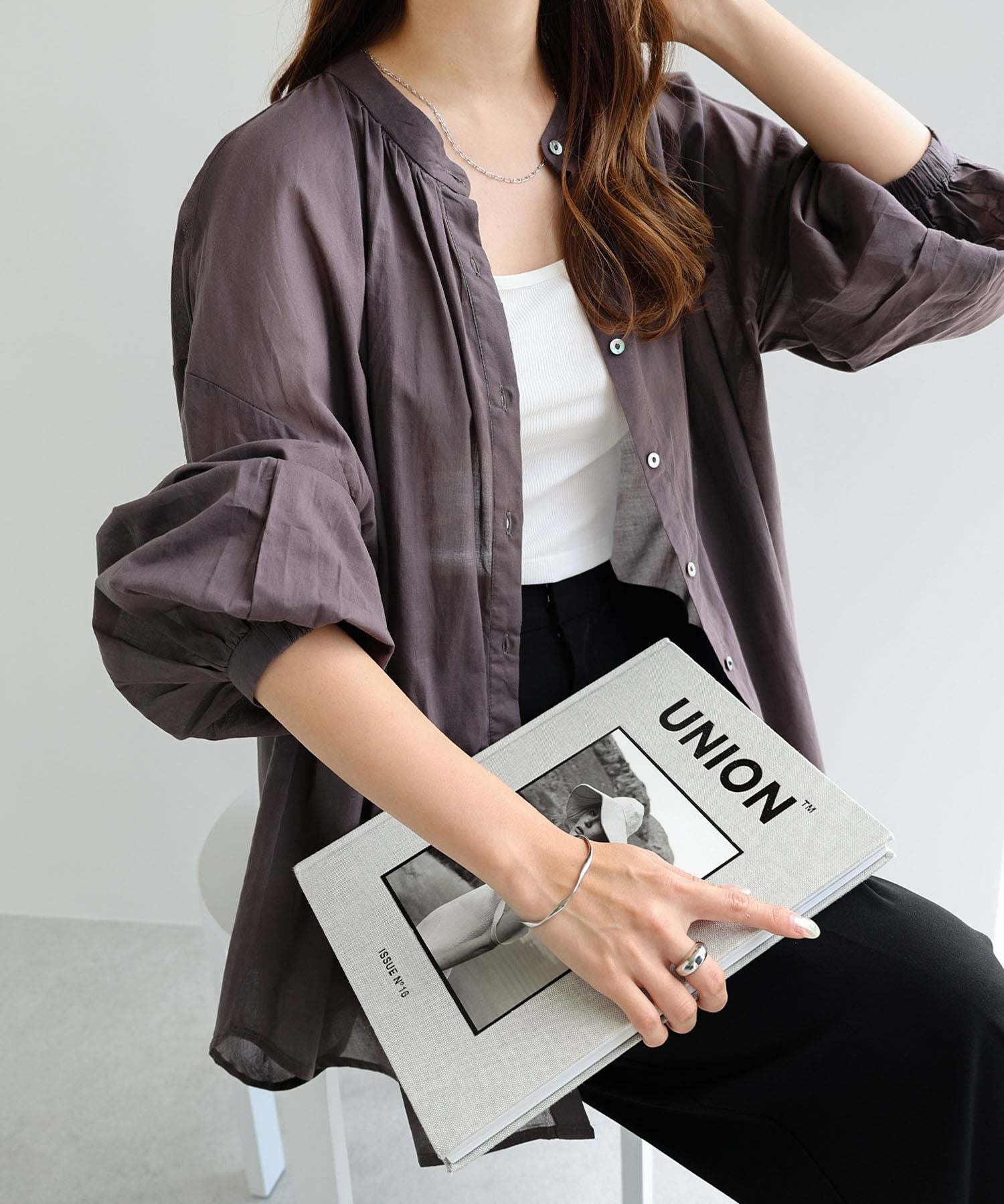 アンドミー andme 薄手コットン長袖バンドカラーシャツブラウス トップス