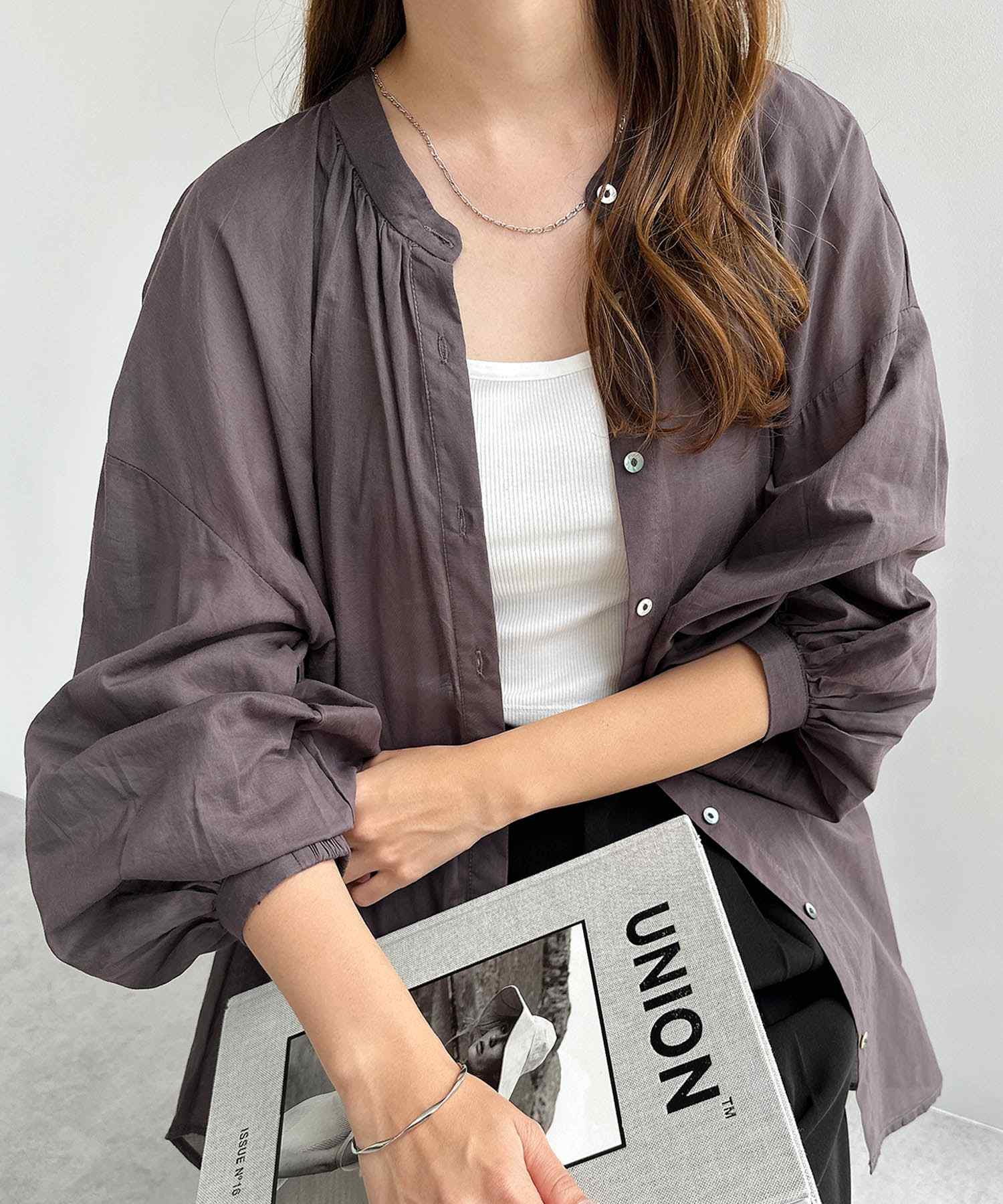 アンドミー andme 薄手コットン長袖バンドカラーシャツブラウス トップス