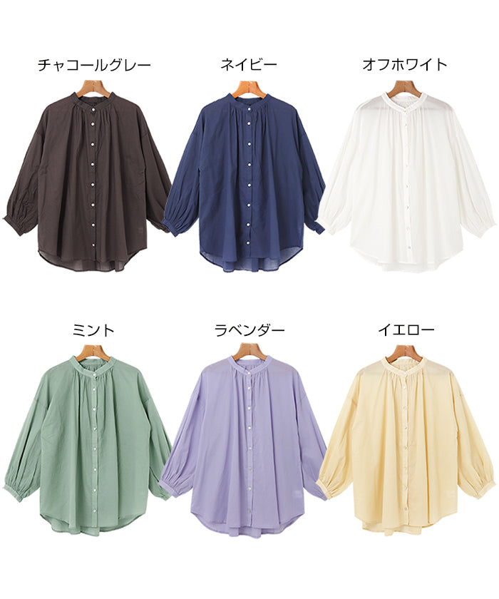 アンドミー andme 薄手コットン長袖バンドカラーシャツブラウス トップス